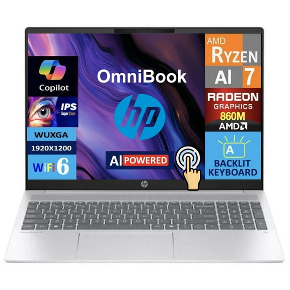 HP OmniBook 5 AI Copilot+ Laptop, AMD Ryzen AI 7 350, 16GB LPDDR5x RAM, 1TB PCIe SSD, 16" 2K (1920x1200) Touchscreen Display, Backlit Numeric Keyboard, Windows 11 Home, Silver