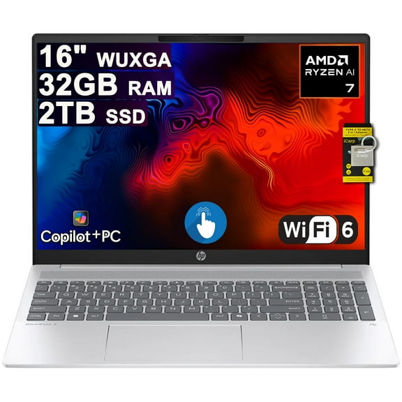 HP OmniBook 5 AI PC Laptop 16" WUXGA IPS Touch AMD Octa-core Ryzen AI 7 350 (Up to 50 Tops) 32GB RAM 2TB SSD for Creator Designer Business Professional Backlit IR Camera Win11 ICP Hub/Copilot+ AI PC