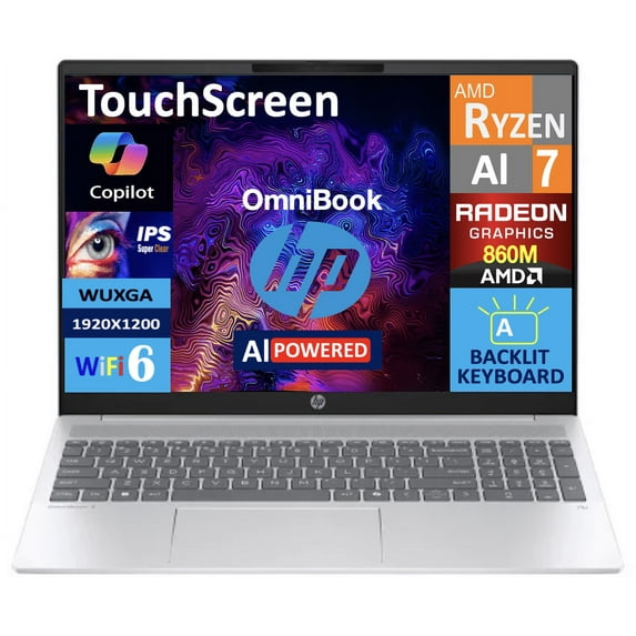 HP OmniBook 5 AI Powered Laptop 16.0in Touchscreen IPS WUXGA Display (AMD Ryzen AI 7 350, 32GB LPDDR5X, 4TB PCIe SSD, AMD Radeon 860M, Backlit KB, WiFi 6, Webcam, Bluetooth 5.3, Win 11 Pro)