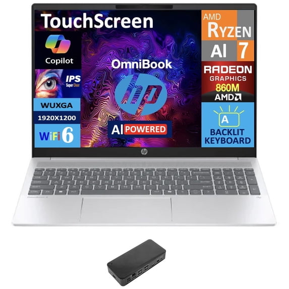 HP OmniBook 5 AI Powered Laptop 16.0in Touchscreen IPS WUXGA Display (AMD Ryzen AI 7 350, 32GB LPDDR5X, 4TB PCIe SSD, AMD Radeon 860M, Backlit KB, WiFi 6, Webcam, Win 11 Pro) w/USB-C Dock
