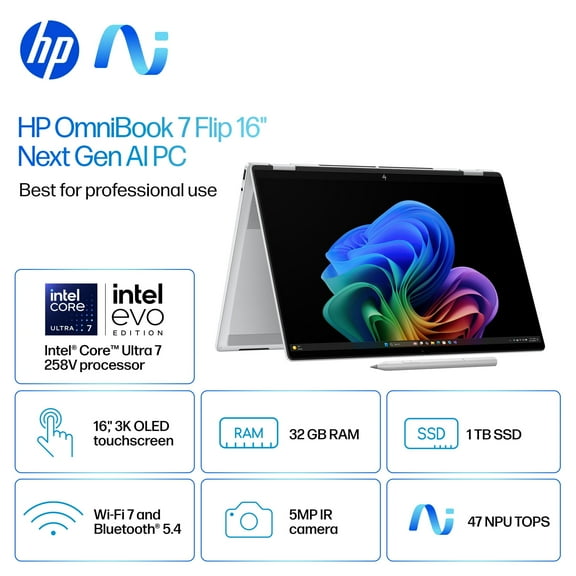 HP OmniBook 7 Flip 16" 2-in-1 AI Laptop - Intel Evo Platform Powered by Intel Core Ultra 7 258V - Copilot+ PC - 3K OLED Touchscreen - 32GB Memory - 1TB SSD - Windows 11 Home