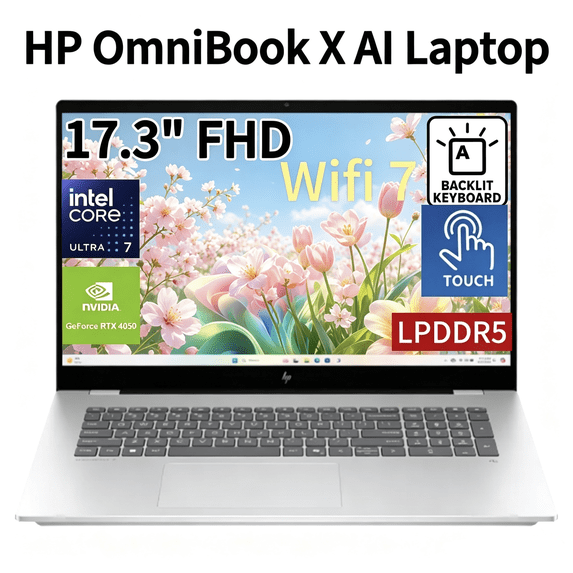 HP OmniBook AI Laptop 17.3", Intel Core Ultra 7 256V with Intel AI Boost 47 TOPS, RTX 4050 Graphics, 16GB LPDDR5 RAM, 2TB PCIe SSD, WiFi 7,Backlit Keyboard,Windows 11 Pro