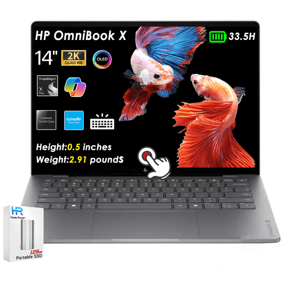 HP OmniBook X 14" OLED Touchscreen Laptop, Snapdragon X Plus, 16GB RAM, 512GB SSD, Copilot+ AI PC, WiFi 6E, 2.91 lbs, Fast Charge, 33.5H Battey Life Windows 11 W/128GB PSD