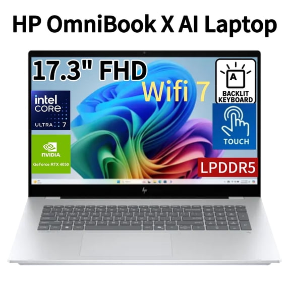 HP OmniBook X 17.3" Touchscreen Laptop, Intel Core Ultra 7 256V, GeForce RTX 4050 6GB, 16GB LPDDR5 RAM, 512GB SSD, FHD IPS Display,Backlit,WiFi 7, Thunderbolt 4, Windows 11 Home