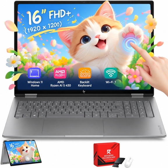 HP OmniBook X Flip 16 2-in-1 Portable Touch Laptop, AMD Ryzen AI 5 430, 16GB RAM, 512GB SSD, 65W GaN, Backlit Keyboard, Windows 11 Home