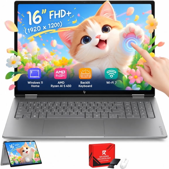 HP OmniBook X Flip 16" 2-in-1 Student & Family Touch Laptop, AMD Ryzen AI 5 430, 16GB RAM, 512GB SSD, Backlit Keyboard, Windows 11 Home
