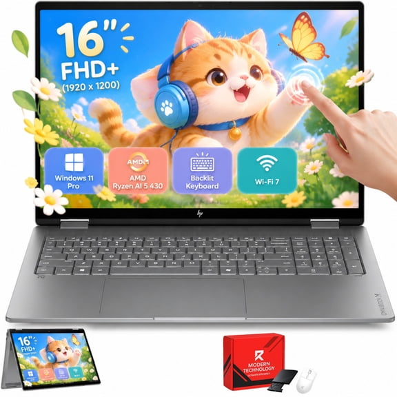 HP OmniBook X Flip 16 2-in-1 Touchscreen Laptop, AMD Ryzen AI 5 430, 16GB RAM, 512GB SSD, 2K Display, Backlit Keyboard, Windows 11 Pro