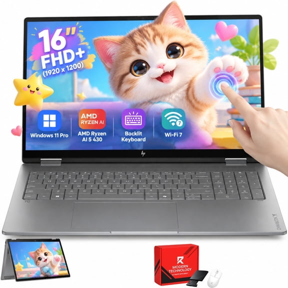 HP OmniBook X Flip 16 2-in-1 Touchscreen Laptop Computer, AMD Ryzen AI 5 430, 16GB RAM, 512GB SSD, Wi-Fi 7, Backlit Keyboard, Windows 11 Pro