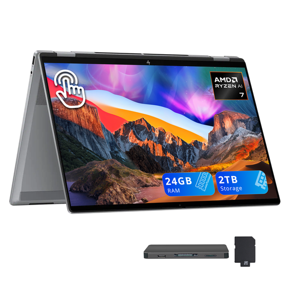 HP OmniBook X Flip 16" 2K Touchscreen 2-in-1 Laptop, AMD Ryzen AI 7 350, 24GB LPDDR5X, 2TB Storage (1TB SSD+1TB Dock Station), AMD Radeon 860M, Backlit Keyboard, Wi-Fi 6E, Win 11, Meteor Silver