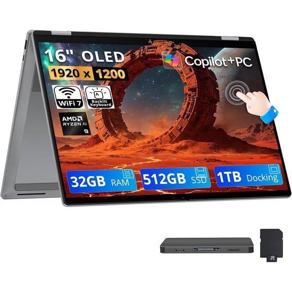 HP OmniBook X Flip 2-in-1 16" FHD+ OLED Touchscreen Laptop, AMD Ryzen AI 9 465, 32GB LPDDR5X, 1.5TB Storage (512GB SSD+1TB Docking Station), Backlit Keyboard, Copilot+ PC, Wi-Fi 7, Win 11, Silver