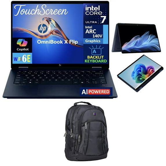 HP OmniBook X Flip 2-in-1 AI PC 2-in-1 Laptop 14.0in Touchscreen IPS WUXGA Display (Intel Ultra 7-256V, 16GB LPDDR5X, 2TB PCIe SSD, Backlit KB, Thunderbolt 4, WiFi 6E, Win 11 Home) w/Premium Backpack