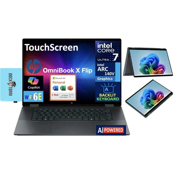 HP OmniBook X Flip 2-in-1 AI Powered 2-in-1 Laptop 16.0in Touchscreen IPS WUXGA Display (Intel Ultra 7-256V, 16GB LPDDR5X, 1TB PCIe SSD, Win 11 Pro) w/Microsoft 365 Personal , DKZ USB Port Expander