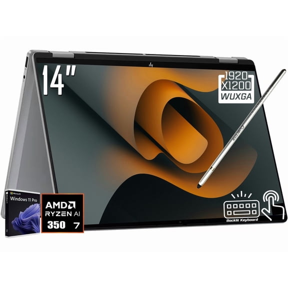 HP OmniBook X Flip 2-in-1 Copilot+ AI Laptop, 14" 2K 1920 x 1200 LED Touchscreen, AMD Ryzen AI 7 350, 5MP IR Webcam, Backlit KB, Stylus Pen, Win11 Pro (24GB DDR5 RAM - 1TB SSD)