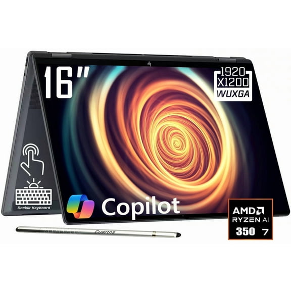 HP OmniBook X Flip 2-in-1 Copilot+ AI PC Laptop, 16" 2K 1920 x 1200 IPS Touchscreen, AMD 8-Core Ryzen AI 7 350, 5MP IR Webcam, Backlit KB, Stylus Pen, Win11 Home (24GB DDR5 RAM | 1TB SSD)