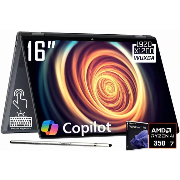 HP OmniBook X Flip 2-in-1 Copilot+ AI PC Laptop, 16" 2K 1920 x 1200 IPS Touchscreen, AMD 8-Core Ryzen AI 7 350, 5MP IR Webcam, Backlit KB, Stylus Pen, Win11 Pro (24GB DDR5 RAM | 1TB SSD)