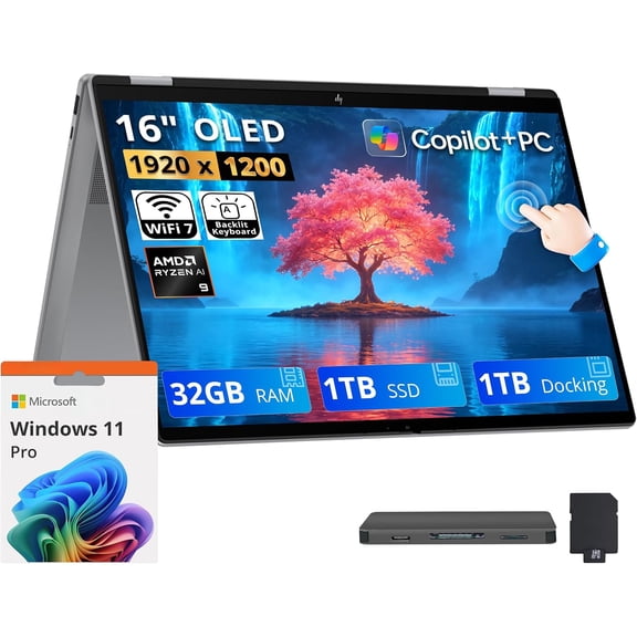 HP OmniBook X Flip 2-in-1 Copilot+ PC Laptop, 16" FHD+ OLED Touchscreen, AMD Ryzen AI 9 465, 32GB LPDDR5X, 2TB Storage (1TB SSD+1TB Docking Station), Backlit Keyboard, Wi-Fi 7, Win 11 Pro, Silver