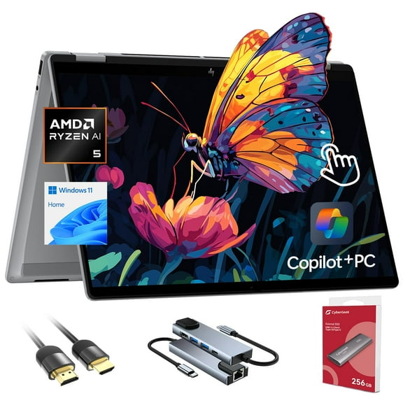 HP OmniBook X Flip Copilot+ PC Laptop Computer, 2-in-1 16" FHD Touchscreen Laptop, AMD Ryzen AI 5, 16GB RAM, 512GB SSD + 256GB Portable SSD, HDMI & USB Hub, Backlit Keyboard, WiFi 6 + BT, Windows 11