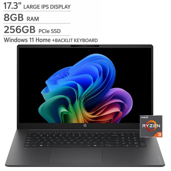HP OmniBook3 Laptop, 17.3" FHD IPS LED Anti-Glare Display, AMD Ryzen 3 30 Processor, 8GB RAM, 256GB PCIe SSD, AMD Radeon 610M Graphics, Backlit Keyboard with Copilot Key, Wi-Fi 6, Windows 11 Home