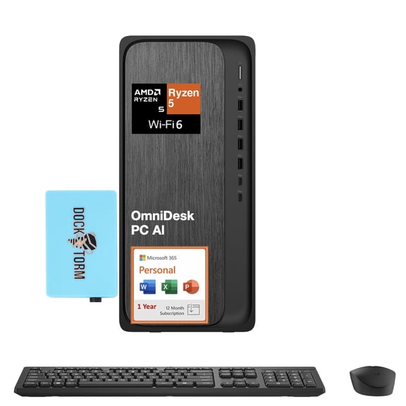 HP OmniDesk AI PC Desktop (AMD Ryzen 5 8500G, 16GB DDR5, 2TB PCIe SSD, AMD Radeon 740M, Win 11 Home) w/Microsoft 365 Personal , DKZ USB Port Expander
