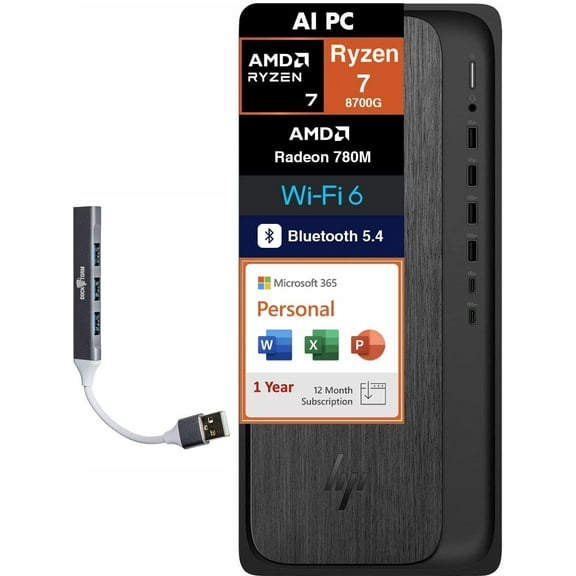 HP OmniDesk AI PC Desktop (AMD Ryzen 7 8700G, 64GB DDR5, 1TB PCIe SSD, AMD Radeon 780M, Win 11 Home) w/Microsoft 365 Personal , DKZ USB Port Expander