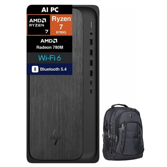 HP OmniDesk AI PC Desktop (AMD Ryzen 7 8700G, 64GB DDR5, 2TB PCIe SSD, AMD Radeon 780M, 400W PSU, WiFi 6, Bluetooth 5.4, RJ-45, 1 Display Port, HDMI, Win 11 Home) w/Premium Backpack