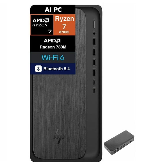 HP OmniDesk AI PC Desktop (AMD Ryzen 7 8700G, 64GB DDR5, 8TB PCIe SSD, AMD Radeon 780M, 400W PSU, WiFi 6, Bluetooth 5.4, RJ-45, 1 Display Port, HDMI, Win 11 Home) w/USB-C Dock