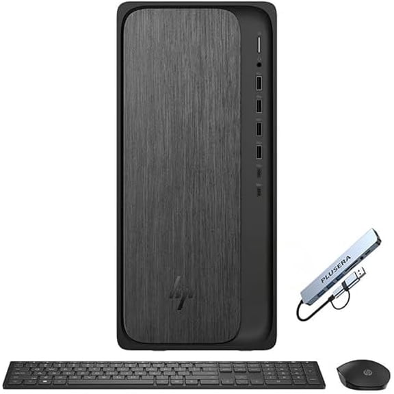 HP OmniDesk Desktop, AMD Ryzen 5 8500G Processor, 16GB RAM 256GB SSD, Windows 11 Pro, Wireless Keyboard & Mouse with PLUSERA 8-in-1 Hub, Gray Wood