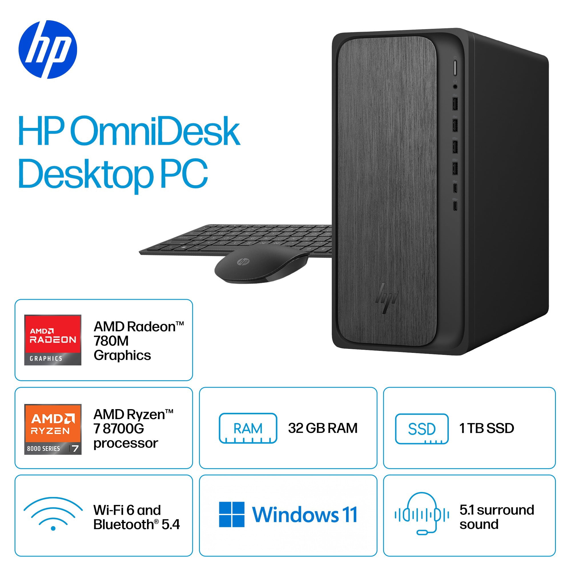 HP OmniDesk Desktop Computer PC, AMD Ryzen 7 8700G, 32GB DDR5
