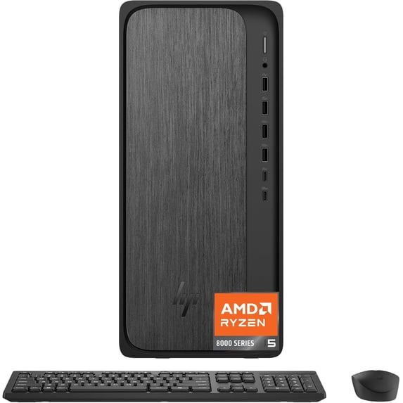 HP OmniDesk Desktop PC, AMD Ryzen 5 8500G, 64 GB DDR5 RAM, 4 TB SSD, AMD Radeon 740M Graphics, Windows 11 Home, Microsoft Copilot, Gray Wood, M02-0224 (2025)