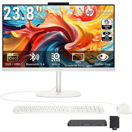 HP OmniStudio 23.8" FHD All-in-One Desktop, Intel N150 Processor, 8GB DDR5, 1.12TB Storage (128GB UFS+1TB Docking Station Set), Intel Graphics, Copilot Key, FHD Camera, WI-FI 6, Win 11, White