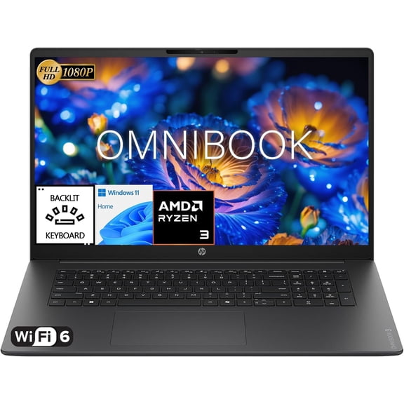 HP Omnibook 3 Laptop, 17.3" FHD IPS LED Display, AMD Ryzen 3 30 Processor (Up to 4.1 GHz), Backlit Keyboard, 8GB DDR5 RAM, 256GB SSD, Built-in 1080p Webcam, Lightweight Design, Windows 11 Home