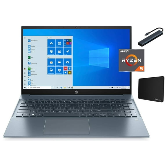 HP Pavilion 15.6" FHD Laptop, AMD Ryzen 5-5500U, 12GB RAM, 512GB SSD, Bluetooth, Webcam, Wi-Fi, AMD Radeon Graphics, Windows 11 Home, Horizon Blue, with Accessories