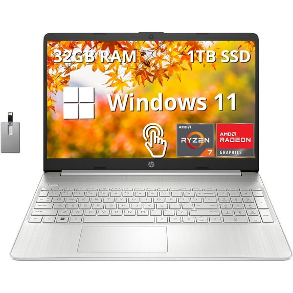 HP Pavilion 15.6" FHD Touchscreen Laptop, AMD Ryzen 7 5700U, 32GB RAM, 1TB SSD, AMD Radeon Graphics, Full-Size Keyboard, HD Webcam, Windows 11 Home, Silver, 32GB Hotface USB Card