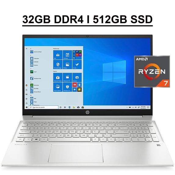 HP Pavilion 15 Business Laptop 15.6" FHD IPS Touchscreen AMD Octa-Core Ryzen 7 5700U 32GB DDR4 512GB SSD AMD Radeon Graphics Backlit Keyboard B&O Audio HDMI USB-C WiFi6 Bluetooth Webcam Win10 Silver