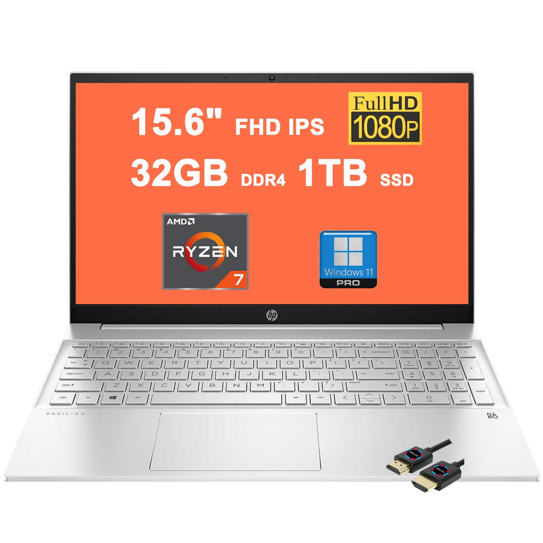 HP Pavilion 15 Business Laptop I 15.6" FHD IPS Multi-Touch I AMD 8-Core Ryzen 7 4700U (>i7-10510U) I 32GB DDR4 1TB SSD I Backlit USB-C B&O Win11Pro Silver + HDMI Cable