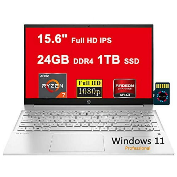 HP Pavilion 15 Business Laptop I 15.6" Full HD IPS Multi-Touch I AMD Octa-Core Ryzen 7 4700U (>i7-10510U) I 24GB DDR4 1TB SSD I Backlit Keyboard USB-C HDMI B&O Win11Pro Silver + 32GB Micro SD Card