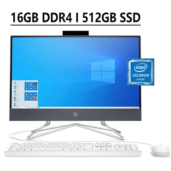 HP Pavilion 22 All-in-One Desktop Computer 21.5" FHD IPS Anti-glare Display Intel Celeron G5900T Processor 16GB DDR4 512GB SSD Intel UHD Graphics 610 DVD-RW HDMI WiFi Bluetooth Webcam Win10 Blue