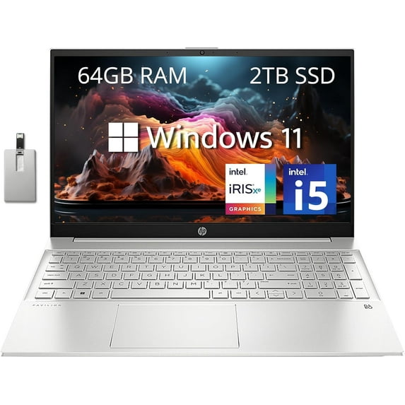 HP Pavilion Laptop, 15.6" FHD IPS Touchscreen Laptop, Intel 12th Gen Core i5-1235U, 64GB RAM, 2TB PCIe SSD, Backlit Keyboard, Wi-Fi 6, 720P HD Camera, HDMI, Win 11, 32GB Hotface USB Card