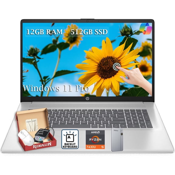 HP Premium 17.3" Touch Laptop | AMD Ryzen 5 7430U | 12GB RAM | 512GB NVMe SSD | Windows 11 Pro | Backlit Keyboard | Wi-Fi 6 | Silver Performance Edition