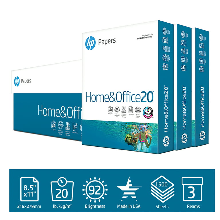 HP Printer Paper, Home and Office 20 lb., 8.5 inch x 11 inch, 3 Ream, 1500 Sheets