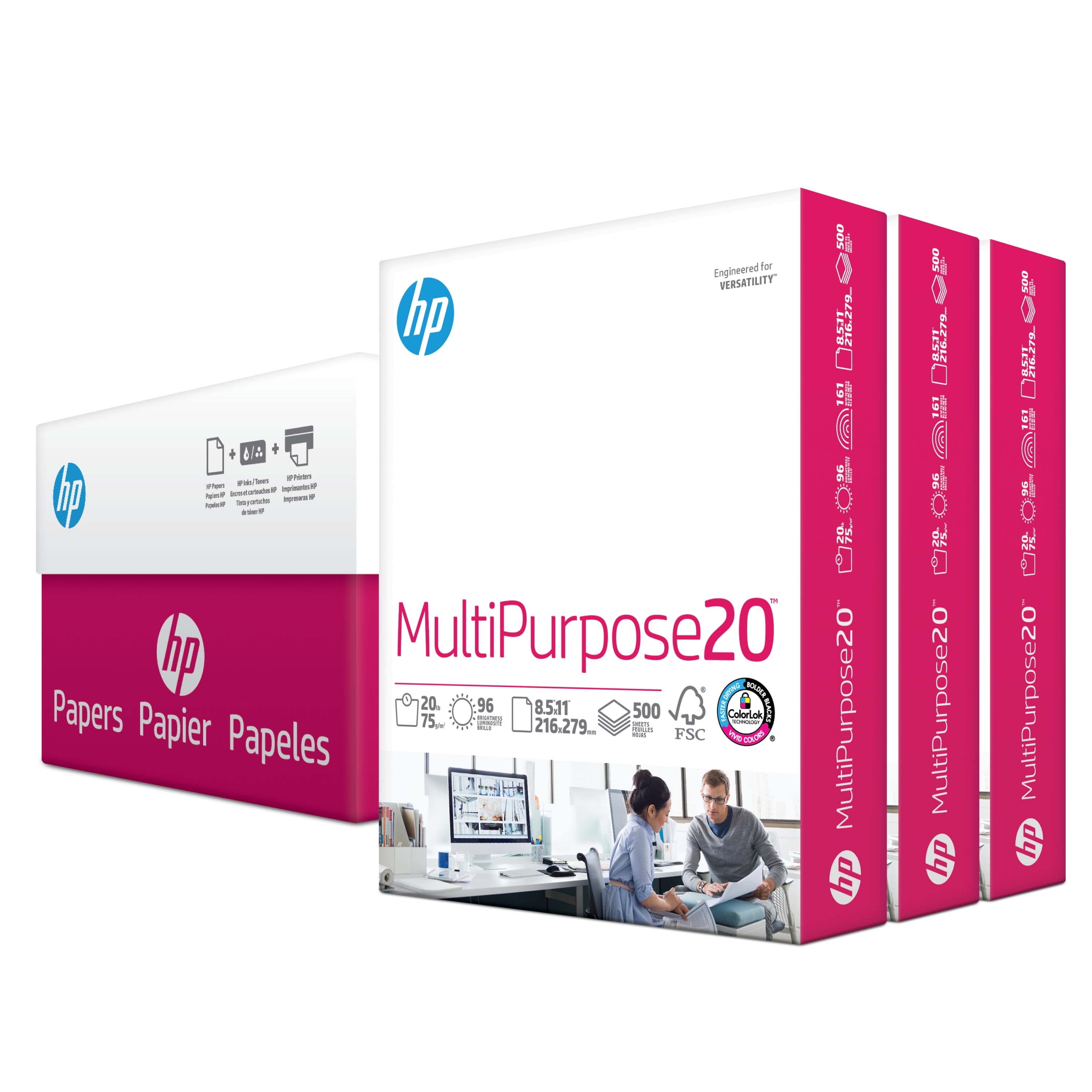 HP Printer Paper, Multipurpose, 8.5x11, 20lb, 96 Bright, 3 Ream, White