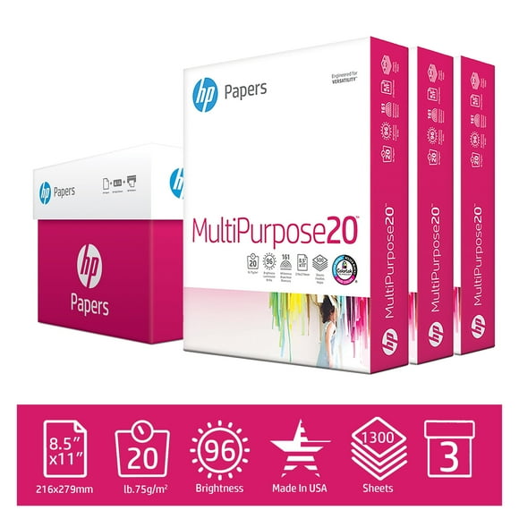 HP Printer Paper, Multipurpose20, 8.5x11, 20lb, 96 Bright, 3 Ream, White