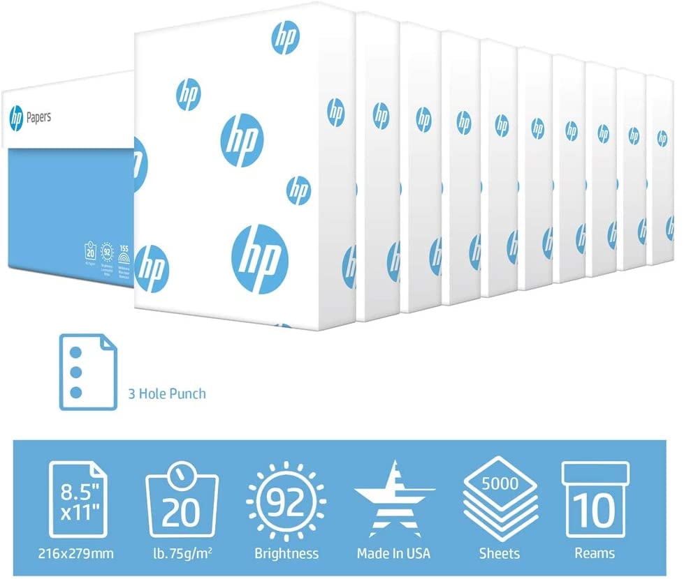 HP Printer Paper, Office20lb, 8.5x11, 3 Hole Punch, 10 Reams, 5,000 Sheets