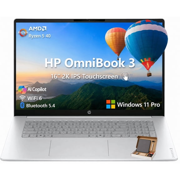 HP 16 OmniBook3 Laptop Computer, 16" 2K IPS Touchscreen Display, AMD Ryzen 5 40 Processor, 8GB DDR5 RAM, 256GB SSD, Long Battery Life, Wi-Fi 6, Windows 11 Pro, Office 365 for the Web