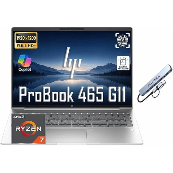 HP ProBook 465 G11 Business Laptop, 16" WUXGA IPS Display, AMD Ryzen 7 7735U Processor, 16GB DDR5 RAM 512GB SSD, Windows 11 Pro, FP Reader, Backlit KB, Wi-Fi 6E, PLUSERA 8-in-1 Hub, Pike Silver
