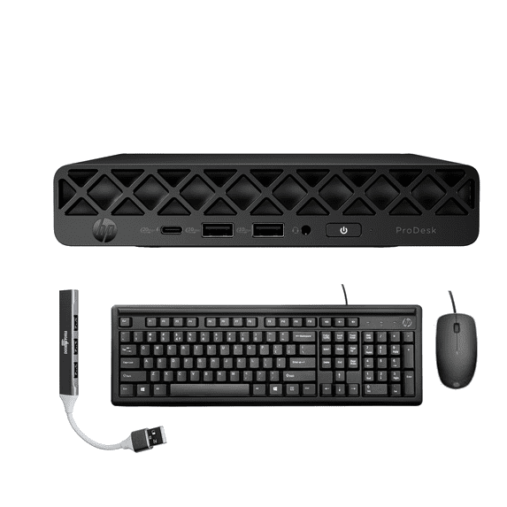 HP ProDesk 4 Mini G1i AI Business Mini Desktop (Intel Ultra 5-235T, Intel Graphics shared, 32GB DDR5, 4TB PCIe SSD, WiFi 6E, Bluetooth 5.3, 90W PSU, RJ-45, Win 11 Pro) w/DKZ USB Port Expander