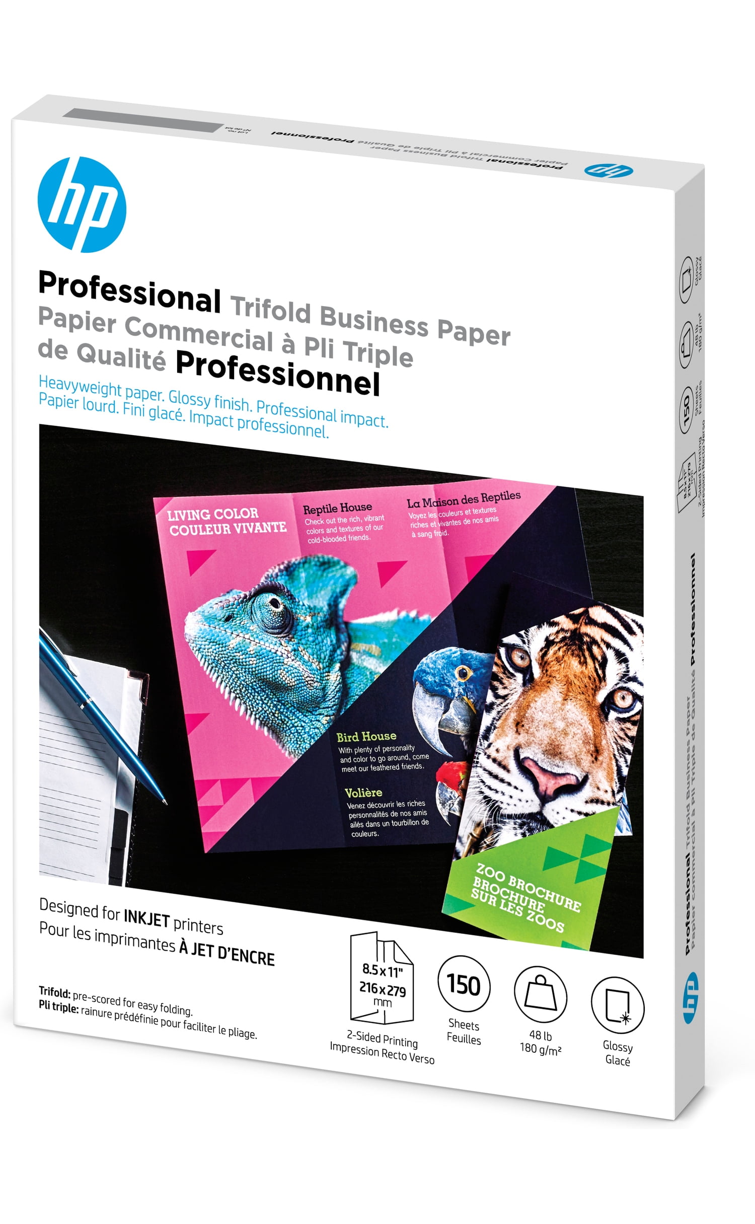 HP Professional Tri-Fold Business Paper, Glossy, 48 lb, 8.5 x 11 in. (216 x 279 mm), 150 sheets 4WN12A