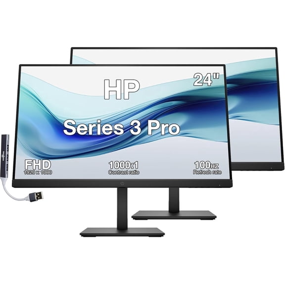 HP Series 3 Pro 24" FHD IPS Monitor 2 Pack 5ms, VESA, DP/HDMI/VGA, USB Hub