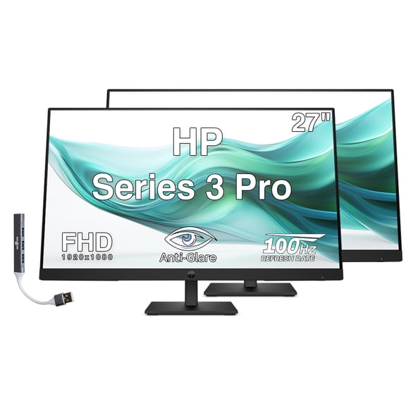 HP Series 3 Pro 27" FHD IPS Monitor with 5ms Response Time, Anti-Glare, Flicker Free, 250 nits Brightness, VESA Mount (100mm), Displayport, HDMI & Dockztorm USB Port Expander, Black Color 2 Pack