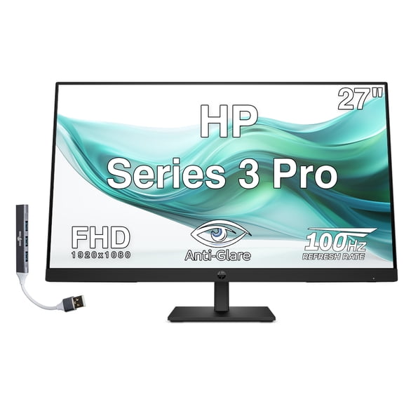 HP Series 3 Pro 27" FHD IPS Monitor with 5ms Response Time, Anti-Glare, Flicker Free, 250 nits Brightness, VESA Mount (100mm), Displayport, HDMI & Dockztorm USB Port Expander, Black Color